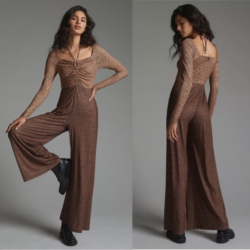 Hutch Brown and Black Daisy Print Cut-Out Long Sleeve Wide Leg Jumpsuit